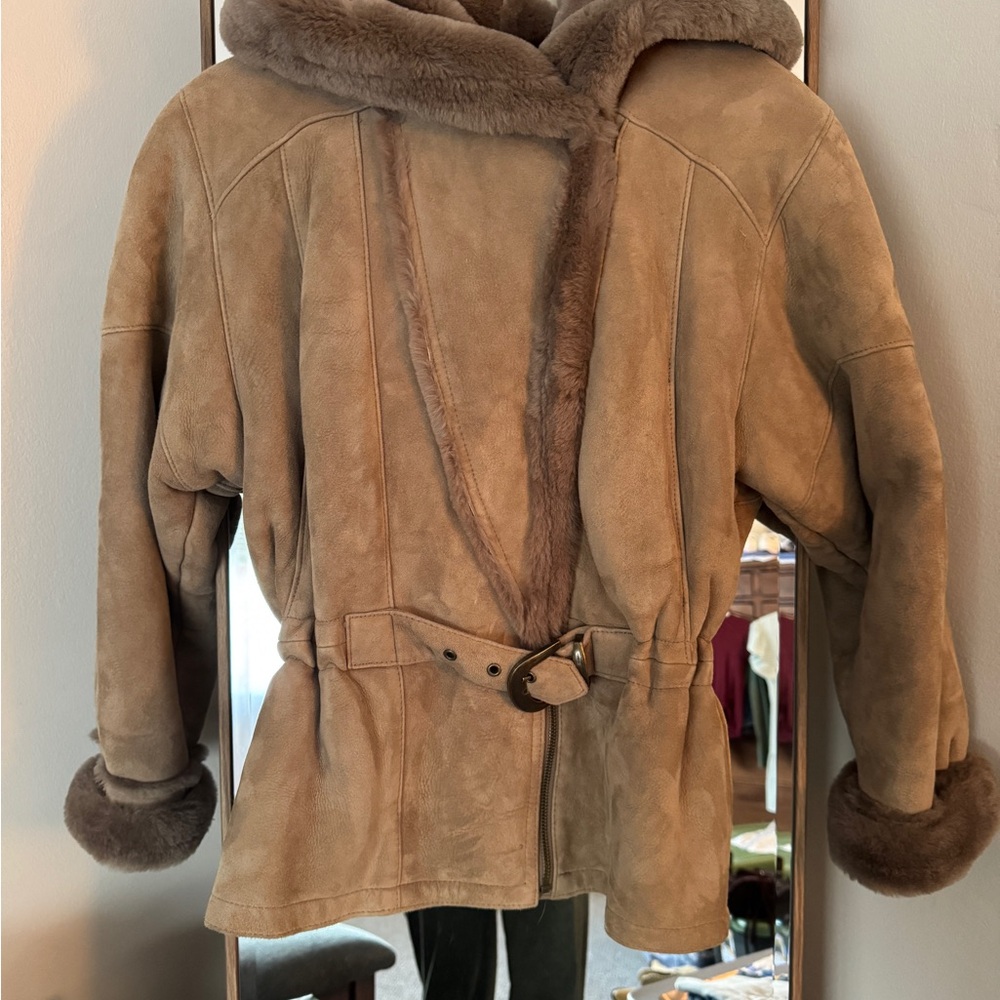 Women's Tan Hooded Shearling Jacket